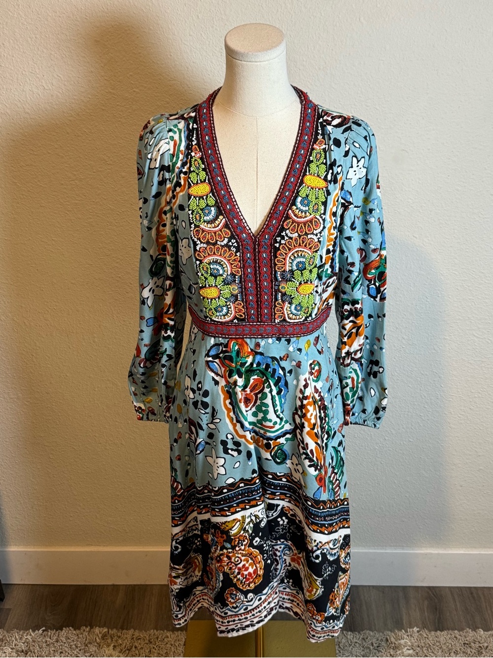 Akemi + Kin Anthropologie Beaded Boho V-Neck Mini Dress size 4 - Picture 2 of 16